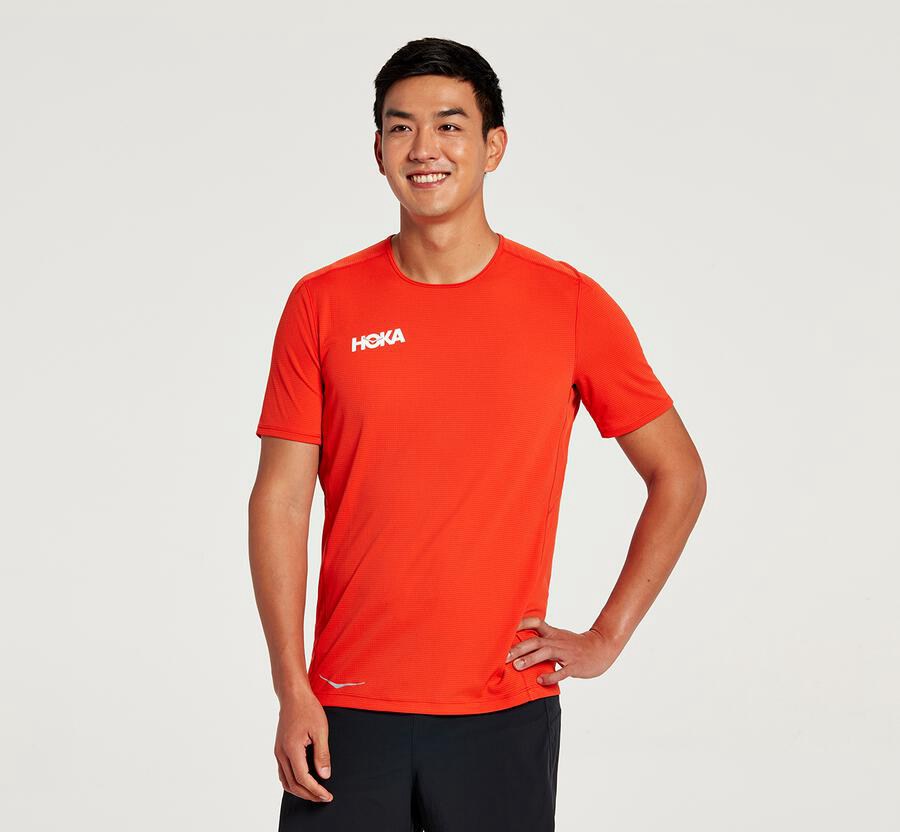 Hoka One One Mens Tops - Performance Short Sleeve - Red - MJVG50482